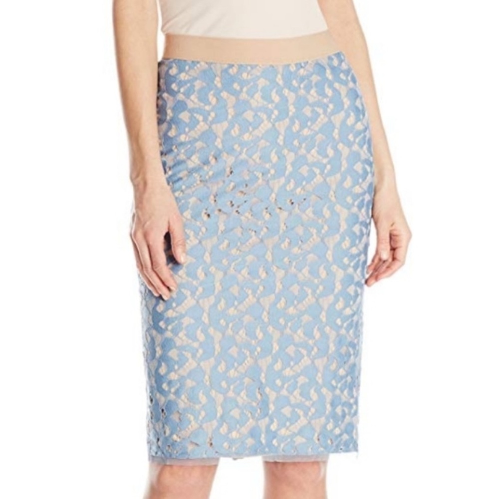 BCBGMaxAzria Bess Lace Pencil Skirt Zipper Elastic Waistband Blue Small